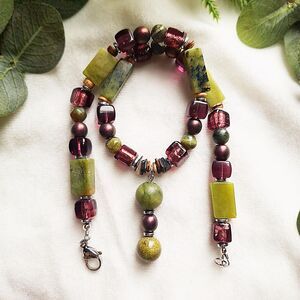 Jade Multi Stone & Plum Glass Beaded Necklace - Adjustable Length, Stainless